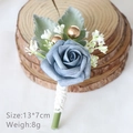 Dusty blue artificial rose boutonniere with green leaves and gold beads for weddings - Light Blue