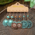 Bohemian vintage 3-piece earring set with turquoise and retro red geometric patterns - Sun Pattern Drop Painted Composite Ring Style (HQEF-1757)