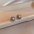 Elegant silver stud earrings featuring grey pearls and a sparkling diamond halo - Grey Round