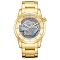 Golden skeleton mechanical watch with stainless steel strap and visible inner gear mechanism - Gold