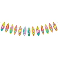 Tropical surfboard party banner featuring colorful floral patterns on white background - Surfboard