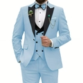Three-piece light blue men's wedding suit with black shawl lapel and matching bow tie - Light Blue