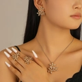 Golden flower jewelry set with sparkling zircon petals featuring earrings, rings and necklace - Rhinestone Pave Floral Style (5532) / Gold