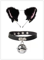 Détail du serre-tête oreilles de chat en peluche et collier en cuir avec clochettes - Oreilles de Chat Et Choker Cloche / Noir