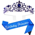 Blue Birthday Princess sash and silver tiara set with vibrant blue rhinestones - Dark Blue Set