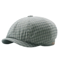 Blue and grey plaid newsboy cap with classic checkered pattern and small leather tag - Gray