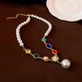 Detail of vintage French style necklace with colorful crystals and pearl drop pendant - Colorful Crystal Pearl Necklace