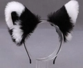 Cosplay headband featuring fluffy black and white faux fur cat ears on a slim black ring - Black & White