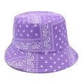 Detail of purple bucket hat with white paisley pattern showing cotton texture and brim - One Size / Purple