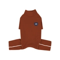 Caramel colored dog pajama jumpsuit with high collar and blue Cuddle Champ patch - Orange