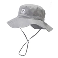 Detail of grey quick-dry sun hat for kids featuring smiley patch and adjustable chin strap - 52-54cm / Gray