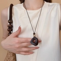 Minimalist long brown geometric pendant necklace with wooden beads and gold metal accents - 43# Necklace-Coffee