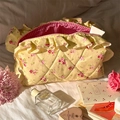 Quilted floral makeup bag with pink roses, ruffle edges and checkered lining - Yellow Lace Floral