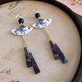 Detalle de pendientes vintage con colgante de imitación jade azul y abanico de bambú - 4# Gancho para la oreja - Oro - Negro