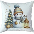 Housse de coussin blanche avec imprimé bonhomme de neige de Noël et sapin doré - Style 20
