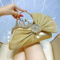 Champagne gold pleated evening bag with crystal flower and metal rhinestone handle - Gold