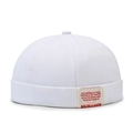Berretto docker bianco in cotone con bordo arrotolato e dettaglio patch vintage - Taglia Unica Regolabile / Bianco