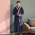 Accappatoio in flanella spessa da uomo in blu navy con bordi bianchi e cintura in vita - M / Blu navy-Uomo