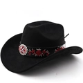 Classic black faux suede cowboy hat with red embroidery and vintage sun flower metal buckle - M(56-58cm) / Black