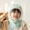 Children's light green winter plush hood with windproof face shield and warm ear flaps - Green Dinosaur