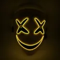 Cosplay glowing mask with yellow LED cross eyes and stitched smile on dark background - X-Eyes Style (Yellow Light)