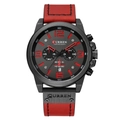 Men's sports chronograph watch with black dial and striking red leather strap - Black Case Black Dial Red Strap