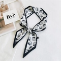 White narrow neck scarf with black strawberry print and contrasting black borders - 6x100cm / Black and White Strawberry
