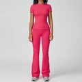 Women's slim fit round neck yoga top and flared pants set in vibrant flamingo pink color - XL / Short Sleeve + Flare Pants / Peony Red