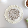 Handwoven jute mandala placemat with beige hollow-out patterns and fringe edge - Type B Jute Coaster