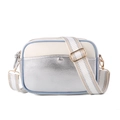 Crossbody camera bag with silver and beige patchwork and wide patterned strap - Silver/White