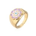 Detailed macro shot of 18K gold-plated evil eye flower ring with purple enamel - Adjustable Open / Purple