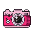Pink and black geometric metal camera brooch with retro enamel finish on white background - Pink and Black Retro Camera (XZ6661)