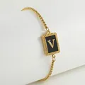 Gold-plated stainless steel bead chain bracelet with black enamel V-letter pendant - Letter V (ZE497G-V-02)