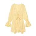 Detailed macro view of vibrant yellow pleated mini dress featuring metallic sheen texture - XS / Yellow