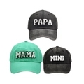 Family set of PAPA MAMA and MINI baseball caps in dark grey and mint green wash cotton - Family Set (PAPA+MAMA+MINI) / Black/Green/Black