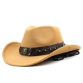 Classic tan wool felt western cowboy hat with studded leather band and chin cord - M(56-58CM) Adjustable / Camel