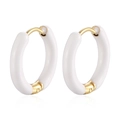 Close-up of gold stainless steel hoop earrings with white enamel finish and hinge closure - White
