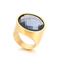 22mm gold stainless steel ring featuring a large round dark grey crystal stone - Gold + Dark Grey Faceted Stone (KR48337-K)