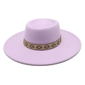 Close-up of lavender wool felt wide brim boho hat with ethnic embroidered ribbon band - M (56-58cm) / Taro Purple