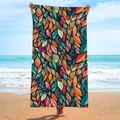 Microfiber beach towel featuring abstract leaf patterns with orange and navy blue tones - B80-Abstract Leaves Multicolor