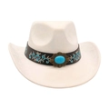 Chapeau de cowboy beige avec ruban brodé et ornement en pierre de turquoise - Beige [Broderie Cuir Large]