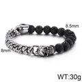 Skull charm bracelet with black volcanic stones and silver Cuban link stainless steel - Steel Color + Lava Stone (KB63697-BD)