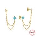 Boucles d'oreilles en argent sterling S925 doré avec chaînes, perles turquoises et zircons - Or - Turquoise