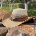 Two-tone western cowboy straw hat with bull head ornament and leather band detail - M (56-58cm) / Camel