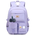 Light purple student backpack with multiple pockets and plush pendant in a simple style - With Leaf Charm Pompom / Light Purple