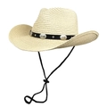 Classic straw cowboy hat with black PU belt and silver conchos, featuring adjustable chin cord - M (56-58cm) / Beige