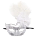 Maschera veneziana argentata per ballo in maschera con piume bianche e fiore di pizzo - Argento Bianco