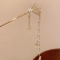 Horquilla vintage dorada con abanico, flor blanca y borlas de perlas colgantes - 53# Horquilla-Abanico Grabado Dorado