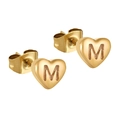 Boucles d'oreilles cœur dorées en acier inoxydable avec lettre M gravée - Lettre M