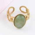Retro 18k gold plated stainless steel ring with large oval translucent green stone - Adjustable Open / Chain Green Stone / Gold/Light Green